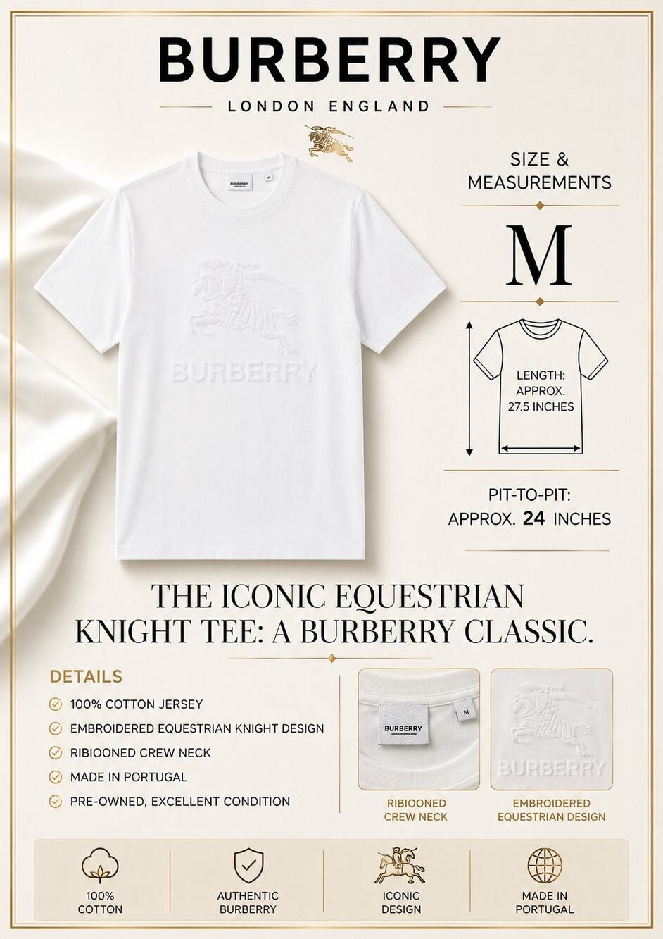 Burberry London White Embossed Equestrian Knight Logo Tee Oversized Medium